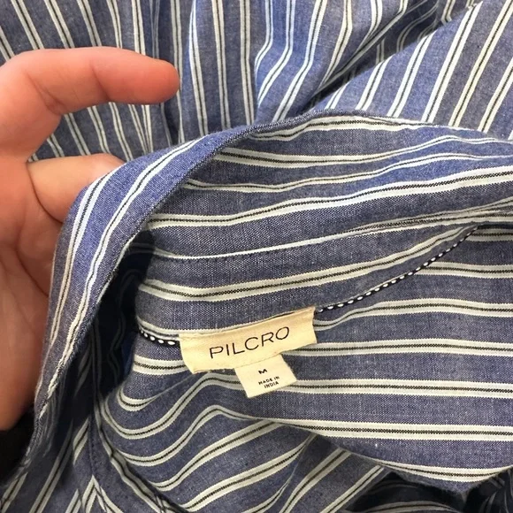 Anthropologie Pilcro Reworked Ruched Blue Pin Striped Button Down Shirt Medium - Picture 10 of 11